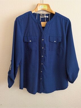 Notations Blue Polka Dot Button-Up Top